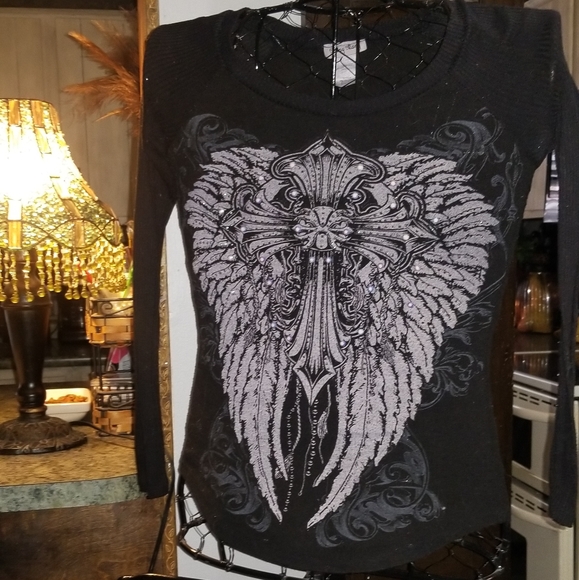 Nancy Ganz Tops - Blingy Wings Long Sleeve Black Small Top